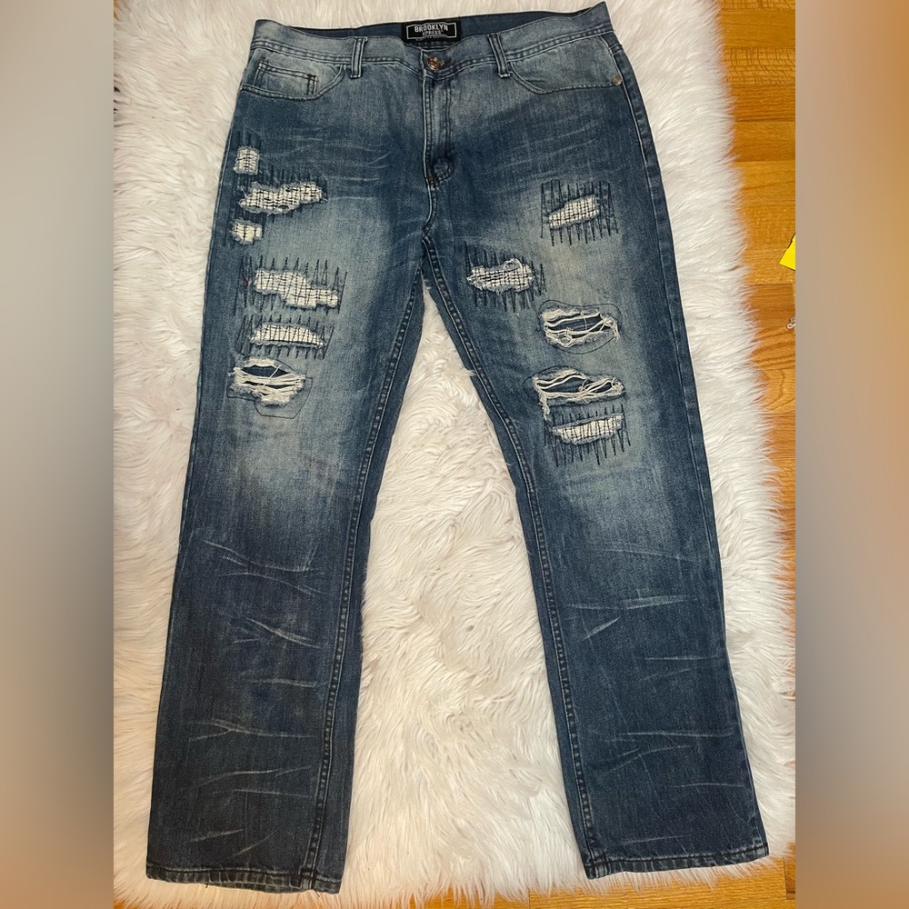 Brooklyn Express Distressed Straight Leg Jeans Men's Size 38x32 Pre-loved EUC